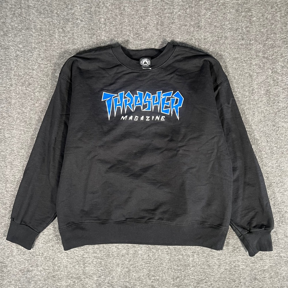 Thrasher Magazine Crewneck Sweatshirt Blk Blue Logo Skate Mens Large Streetwear